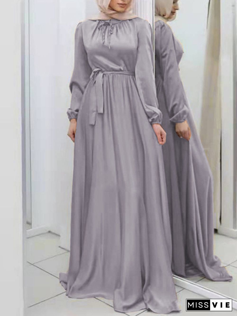 Long Sleeves Loose Pleated Solid Color Tied Waist Maxi Dresses