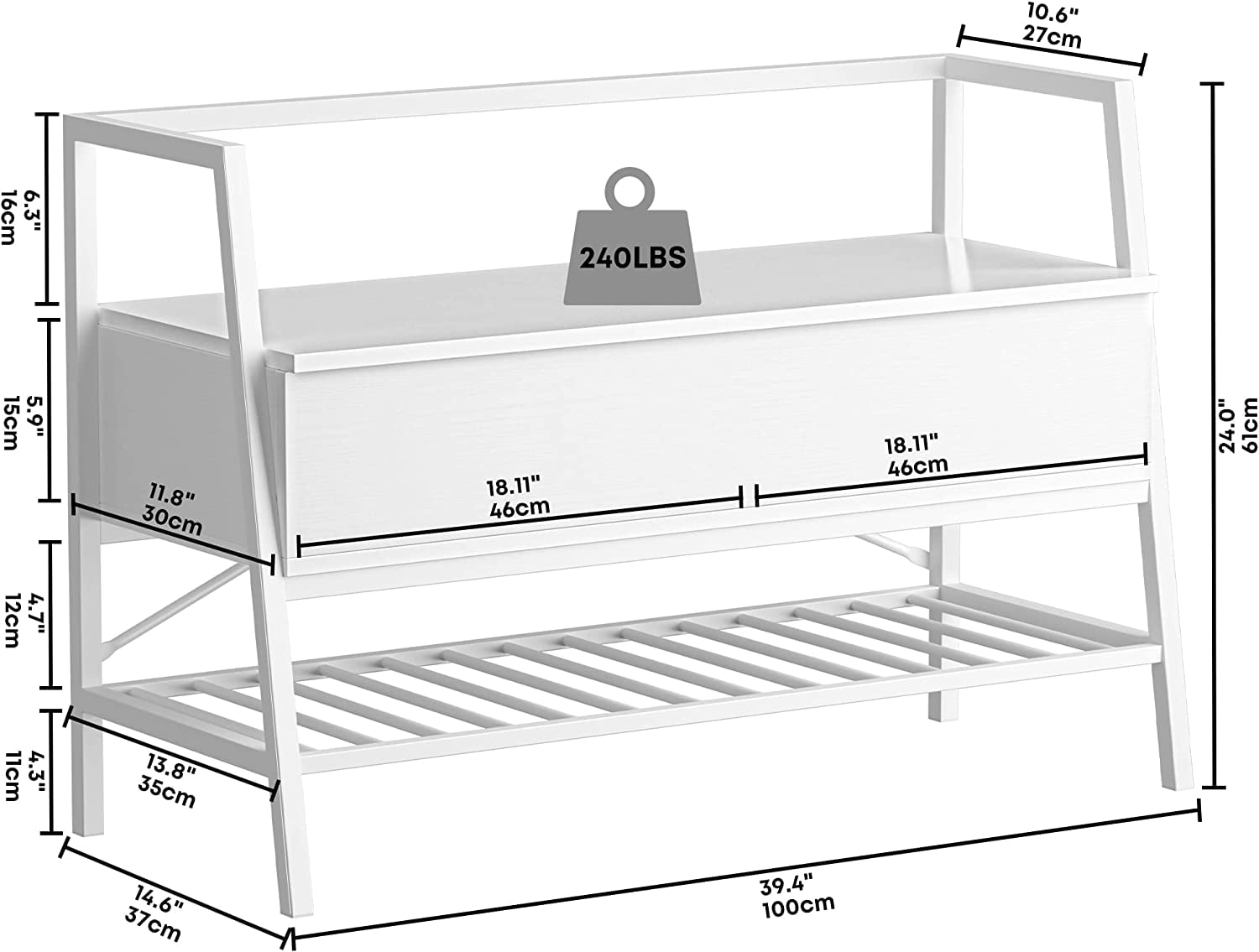 IRONCK Shoe Storage Bench with Shoe Rack,for Entryway, Bedroom, Hallway, Industrial,39.4 In White