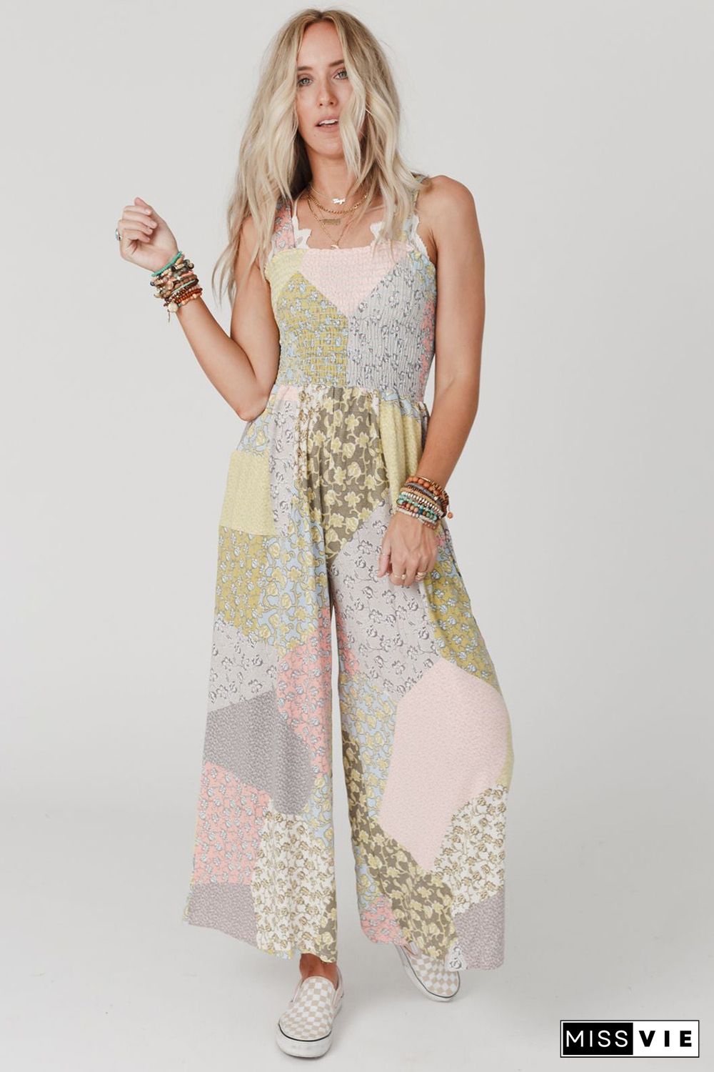 Multicolor Irregular Patchwork Print Smocked Wide Leg Jumpsuit