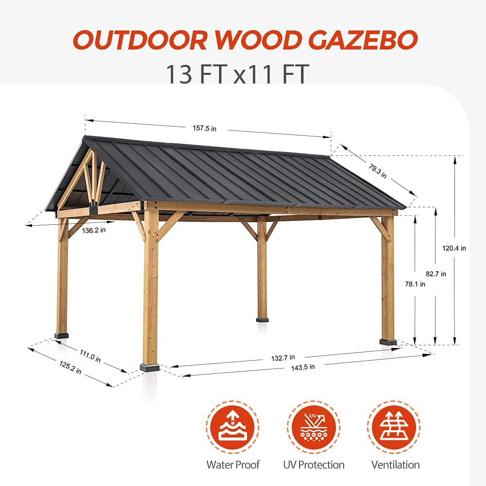 Yoleny 13'x 11' Solid Wood Patio Gazebo, Cedar Framed Outdoor Pavilion Cabana with Black Steel Gable Hardtop Roof, 12'x 10' Frame, Black