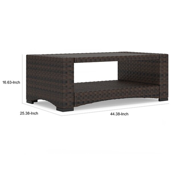 Zivi 44 Inch Outdoor Coffee Table，Resin Wicker，1 Bottom Shelf，Brown