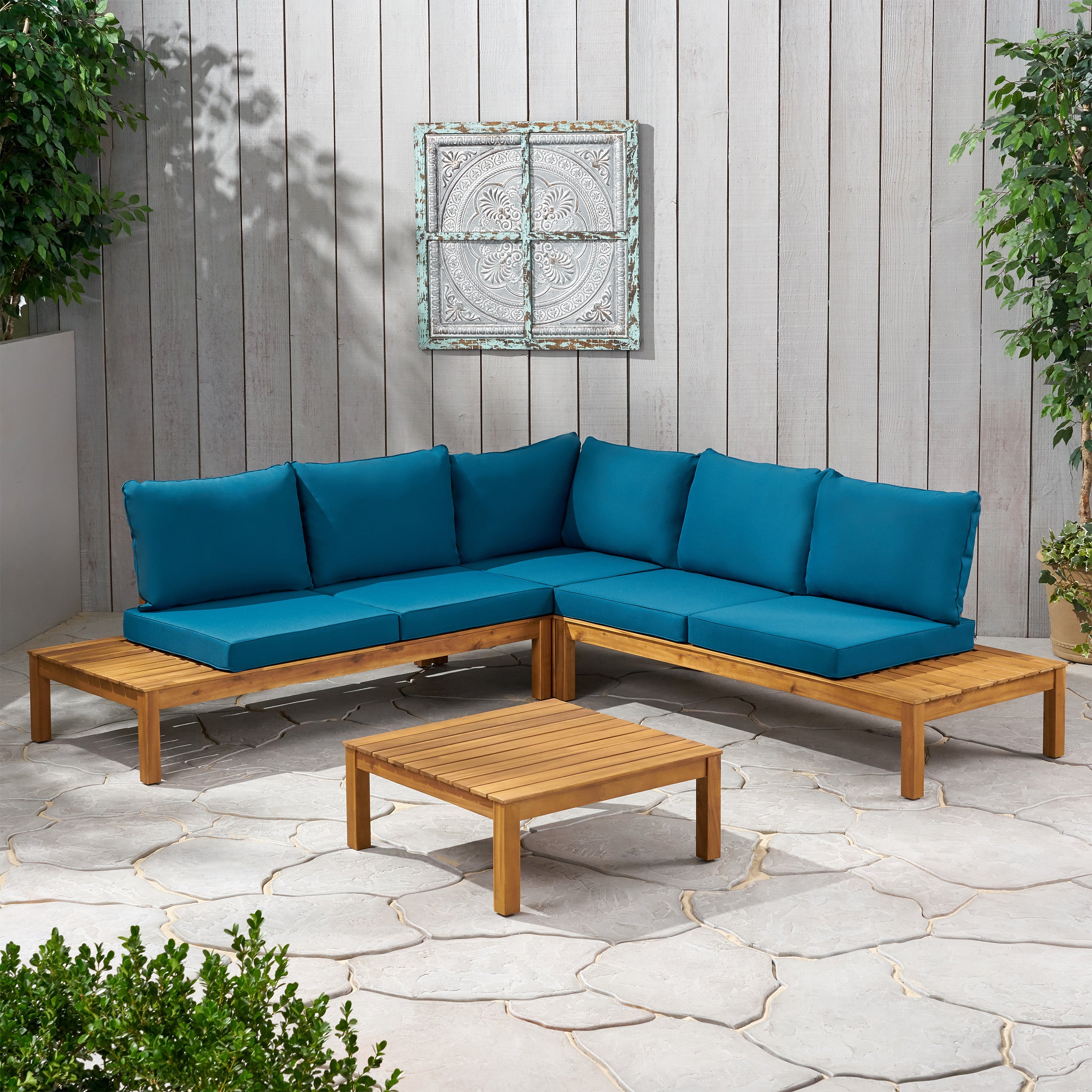 Vashti Outdoor 5 Seater V Shaped Acacia Wood Sectional Sofa Set with Cushions