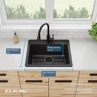 Elkay Quartz Classic Black Quartz 25 in. Single Bowl Drop-In Kitchen Sink with Bottom Grid and Drain ELG2522BK0C