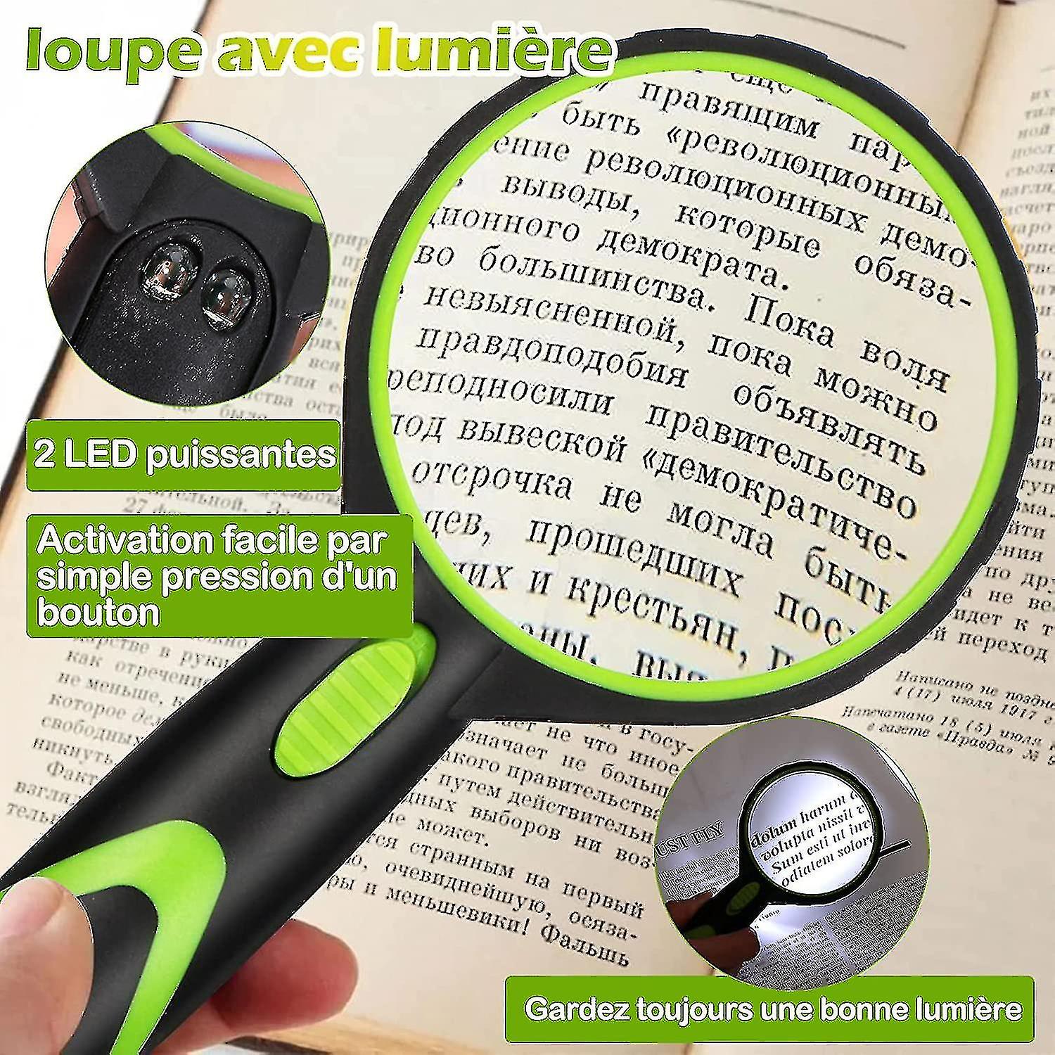 Magnifying Glass With Light， 10x Kids Magnifier 75mm Magnifying Glasses Handheld Reading Magnifier Anti-slip Rubber Grip Anti-fall High Clarity Lightw