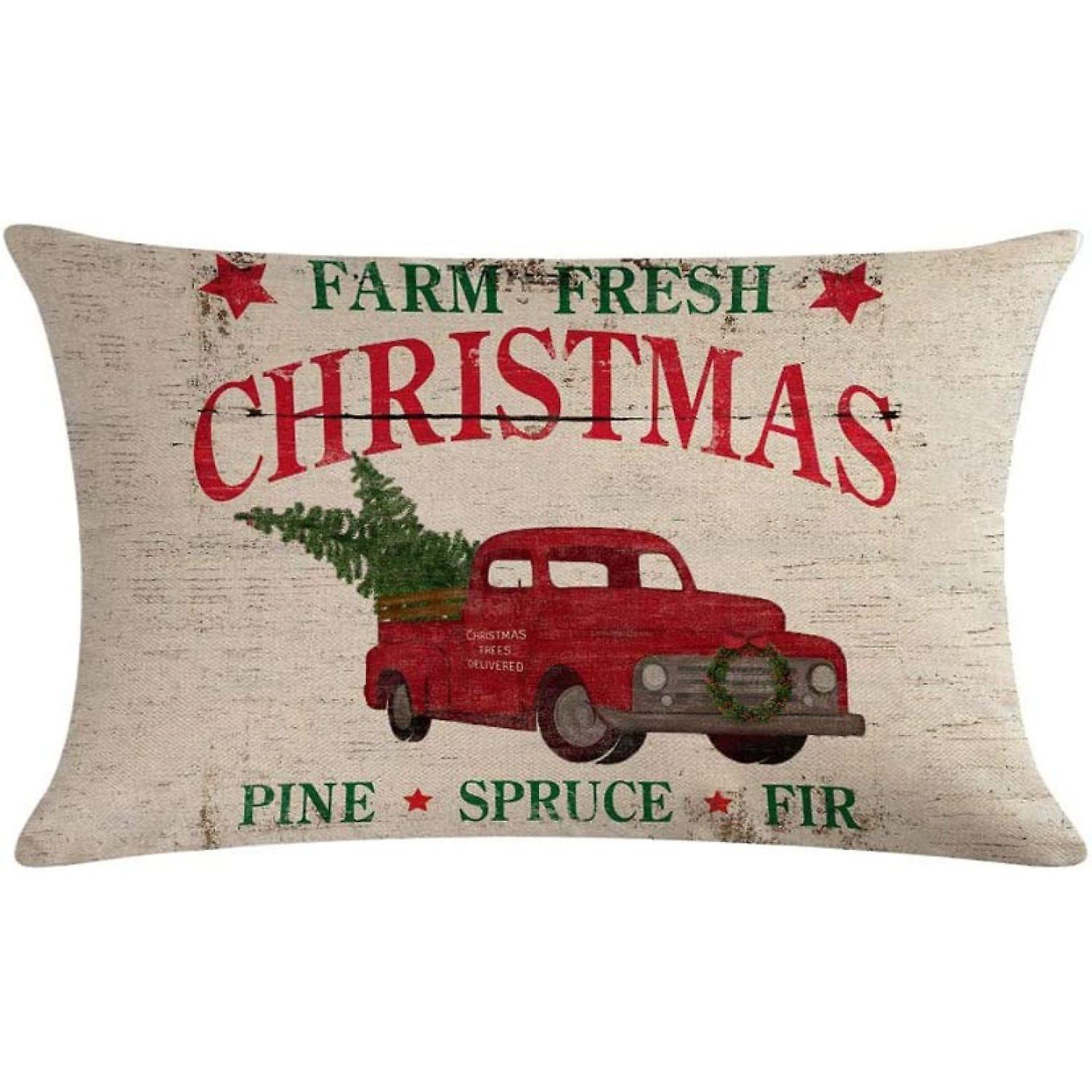 2pack Christmas Throw Pillow Cushion Covers 12x20 Inch Farm Fresh Xmas Tree With Red Truck Home Decorative Rectangular/waist Pillowcases For Christmas