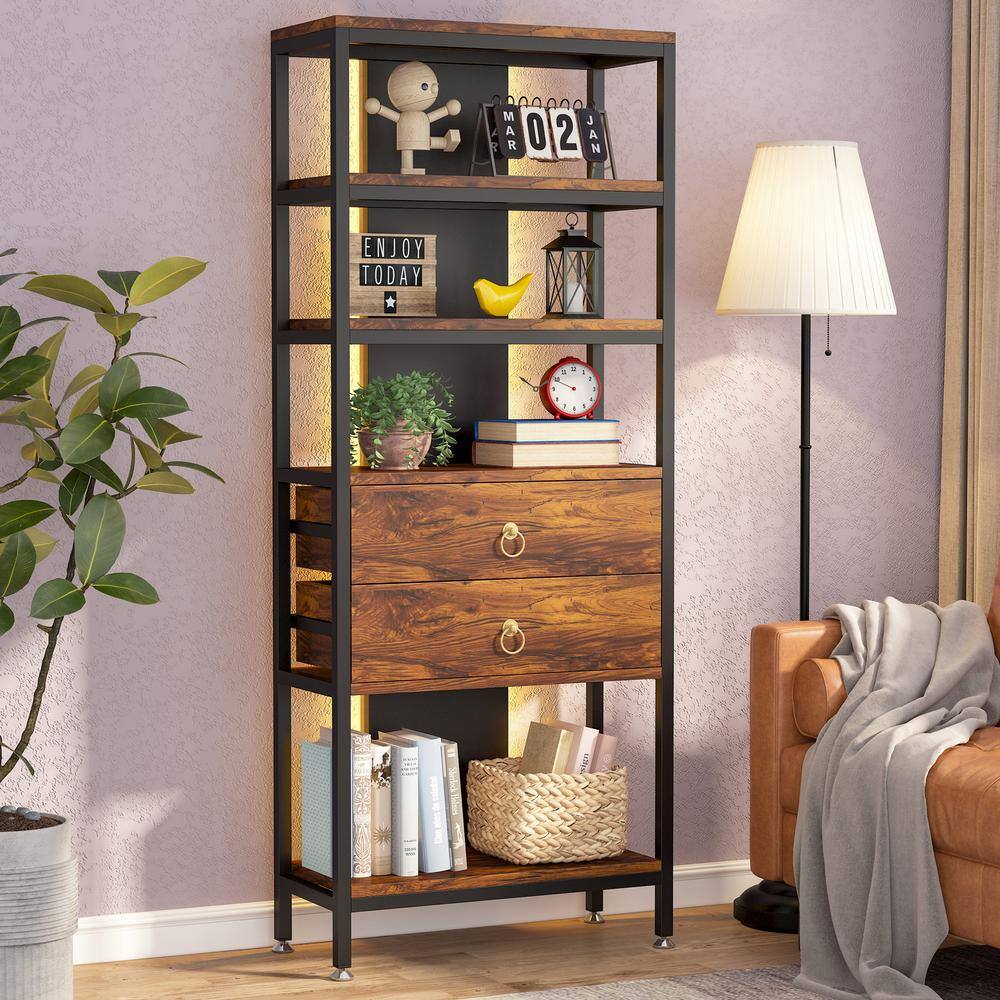 TRIBESIGNS WAY TO ORIGIN Kaduna 27.56 in. Wide Rustic Brown Wood 5-Shelf Free Standing Bookcase with Adjustable LED Light and 2-Drawers ZY-XK22098