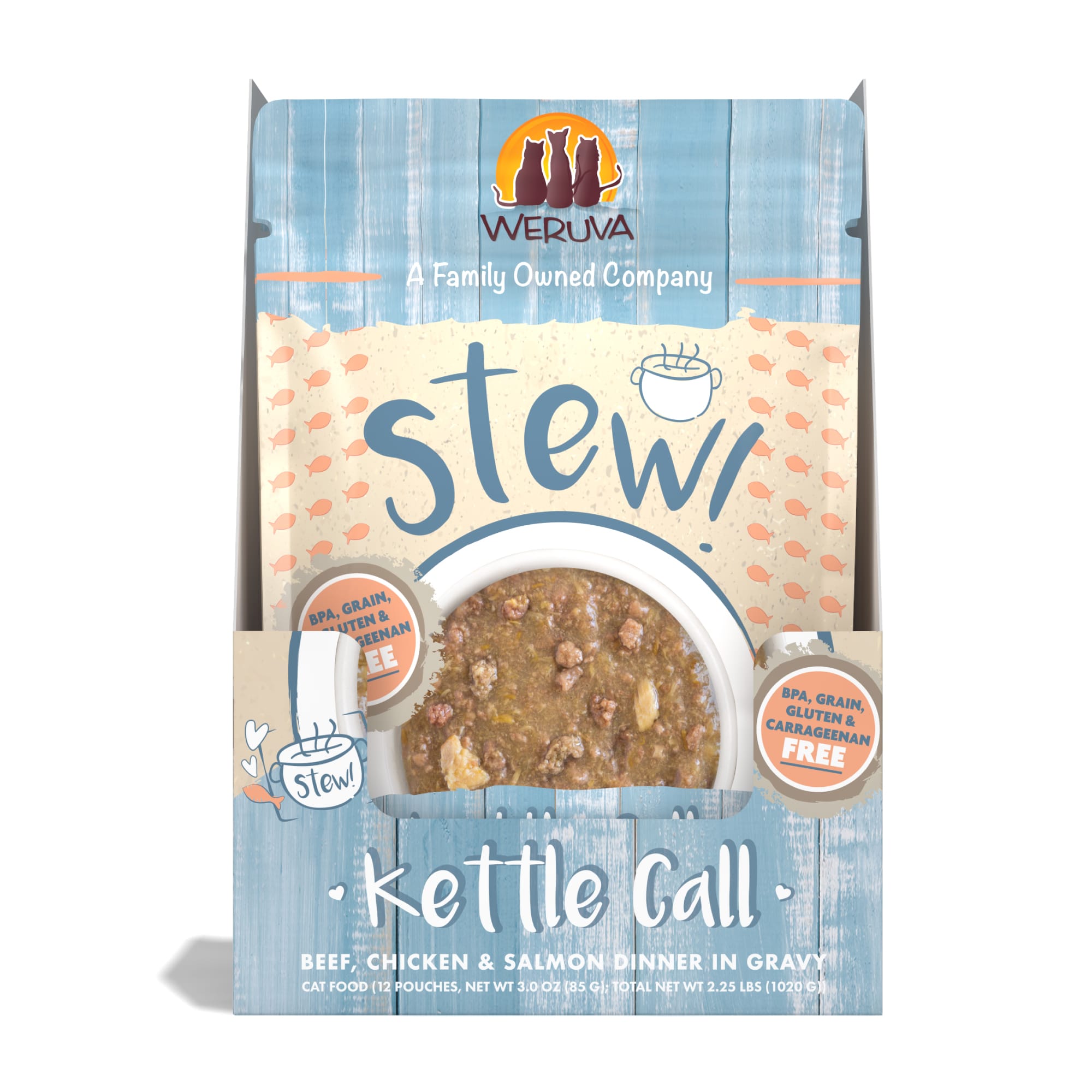 Weruva Stew! Kettle Call Beef， Chicken and Salmon Dinner in Gravy Wet Cat Food， 3 oz.， Case of 12