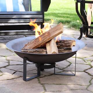 Sunnydaze Decor 23 in. x 8.5 in. Round Cast Iron Wood Modern Outdoor Fire Pit Bowl in Gray with Stand RCM-LG526