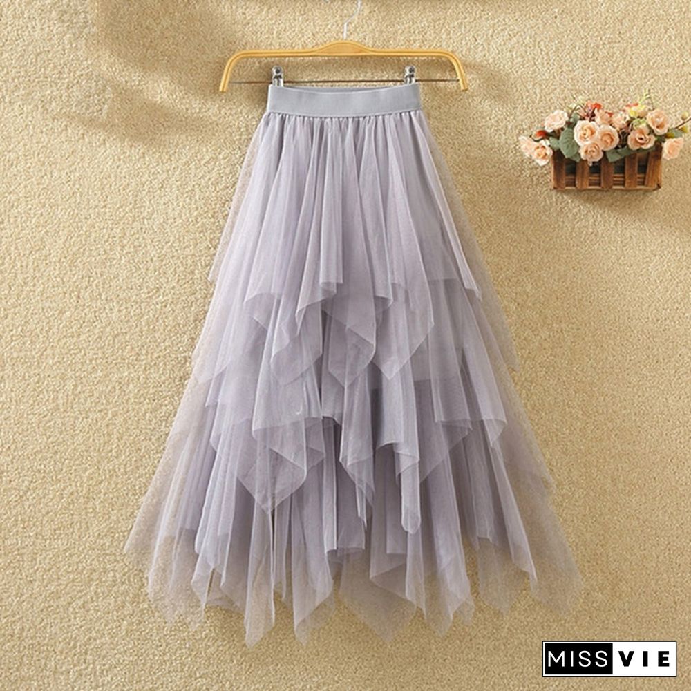 Women Summer Tulle Skirt Elastic Mesh Layered High Waist Pleated Ladies Midi Skirt