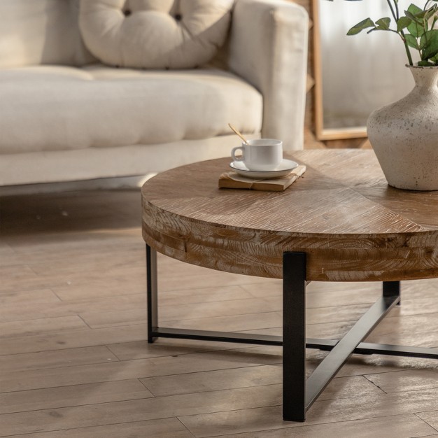 Modern Retro Splicing Fir Wood Top Round Coffee Table With Cross Legs Metal Base Modernluxe