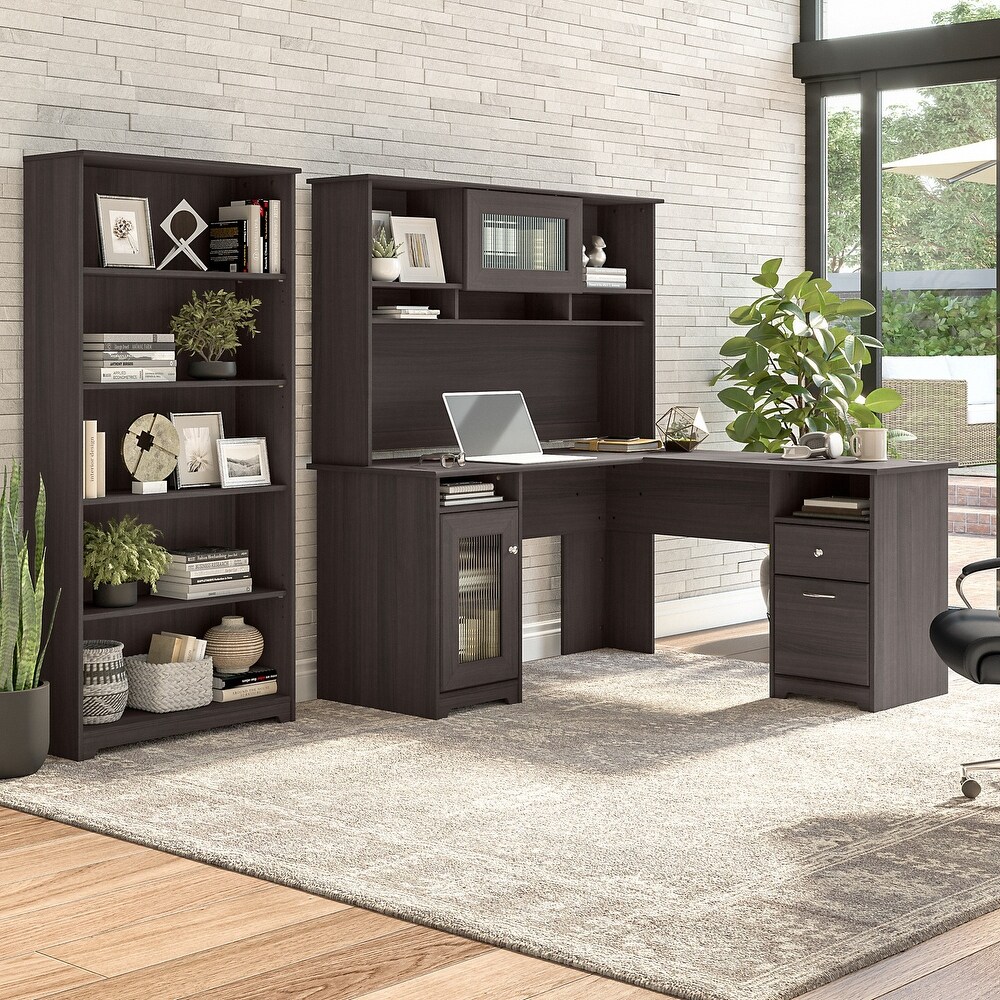 Cabot 60W L Desk with Hutch and 5 Shelf Bookcase by Bush Furniture