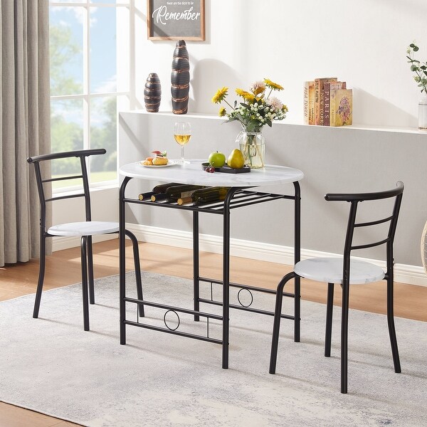 3-Piece Dining Set， Modern Wood Oval Table and 2 Chairs Set with Built-In Wine Rack