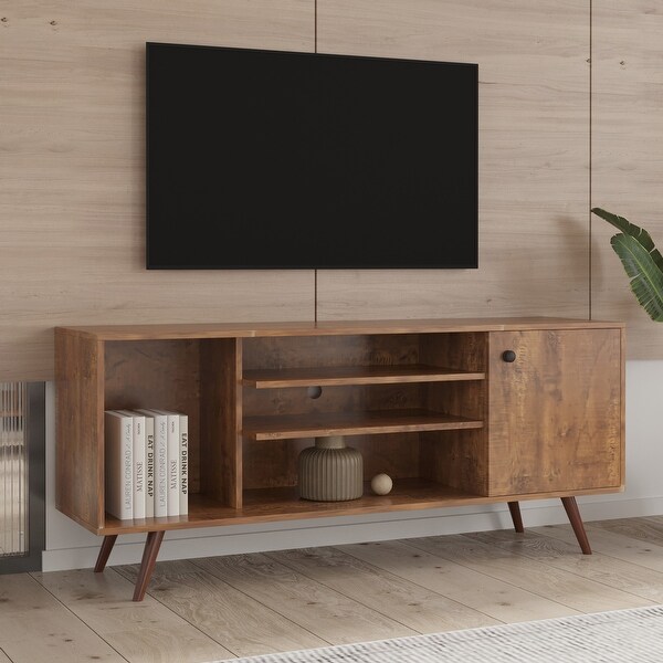 53'' Mid-Century Wooden Legs TV Stand with 2-Tier Open Shef， 1 Large Grid and 1 Small Cabinet for Living Room (up to 55 Inch)