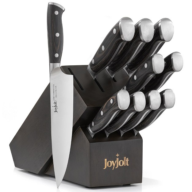 Joyjolt 11pc Kitchen Knife Set With Block High Carbon X50 German Steel Knives Chef Bread Slicing Nakiri Utility Paring And Steak Knife Set