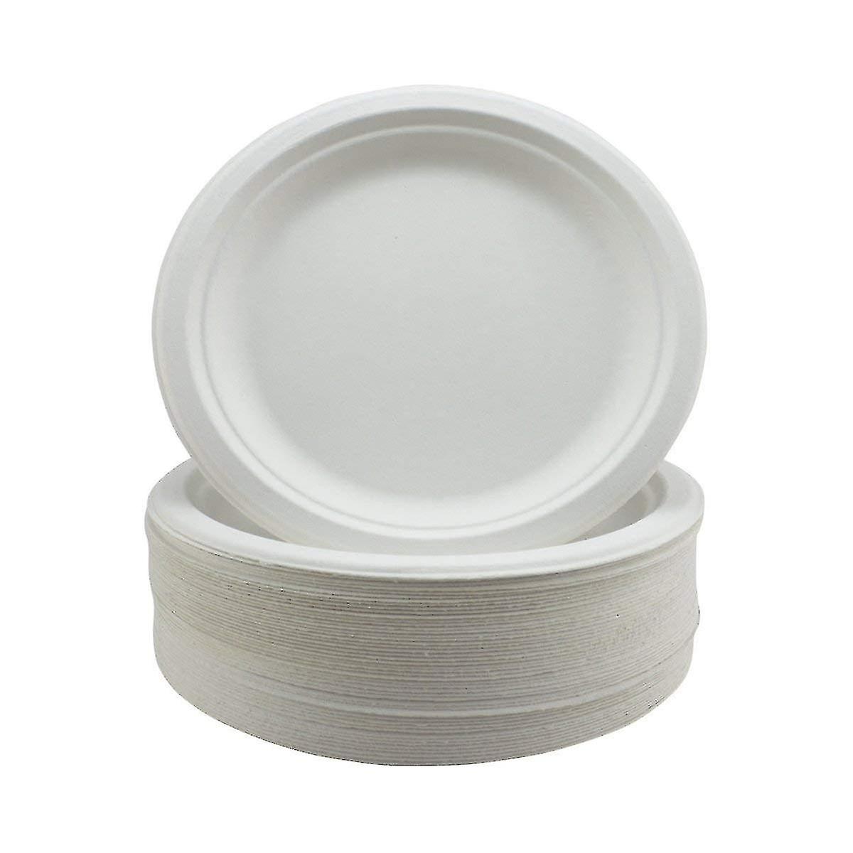 50pcs Rigid Paper Plates - Extra Strength White Disposable Bagasse Sugarcane Plates - Eco-friendly，