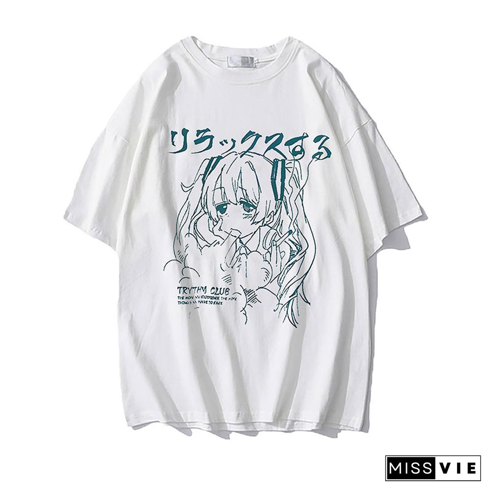 Women Clothing Womens T-Shirt Y2K Japanese Harajuku Graphic Kawaii T Shirts Anime Print Oversized T-Shirt Plus Size Grunge Tops