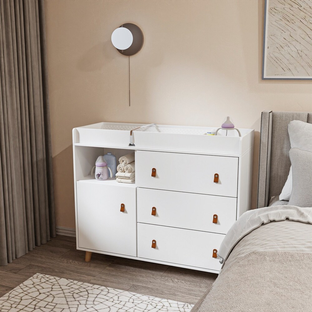 Baby Changing Table Dresser with 4 Drawers Shelf Hidden Trash Storage