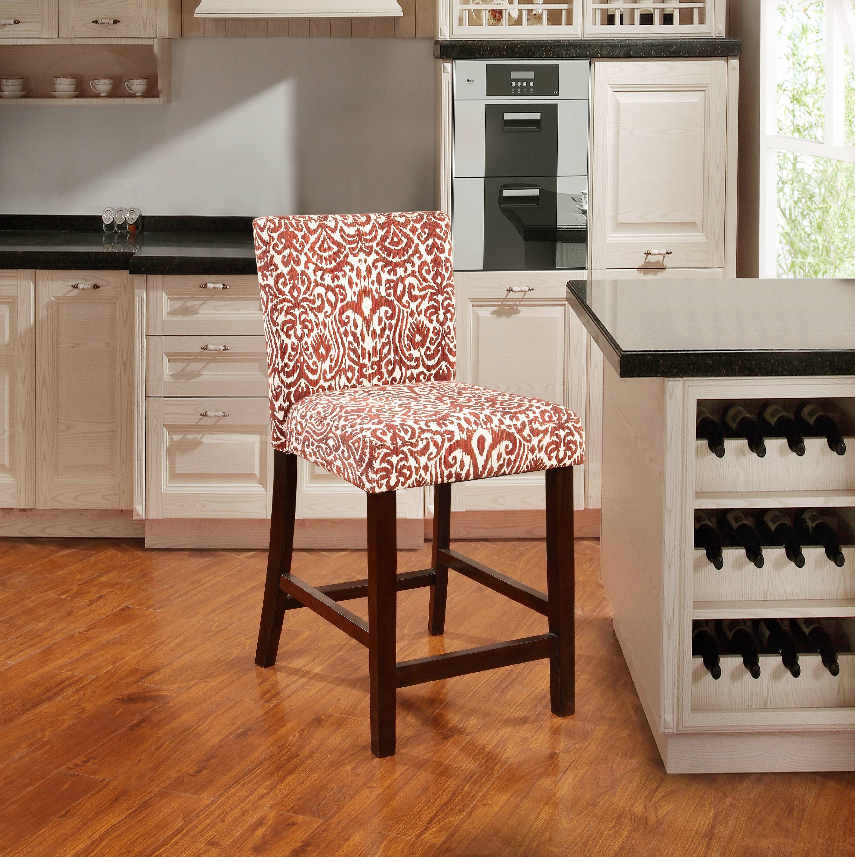 Linon Morocco Full Back Wood Counter Stool， 24 Seat Height， Manhattan Stain Finish with Lava Fabric