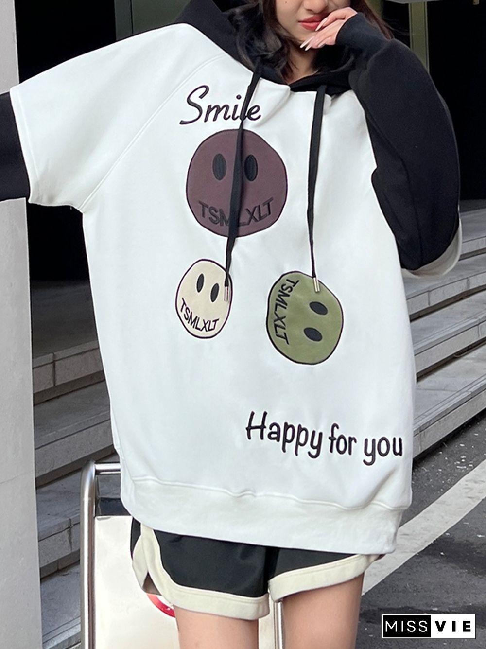 Smiling Print Splice Drawstring Oversized Hoodie