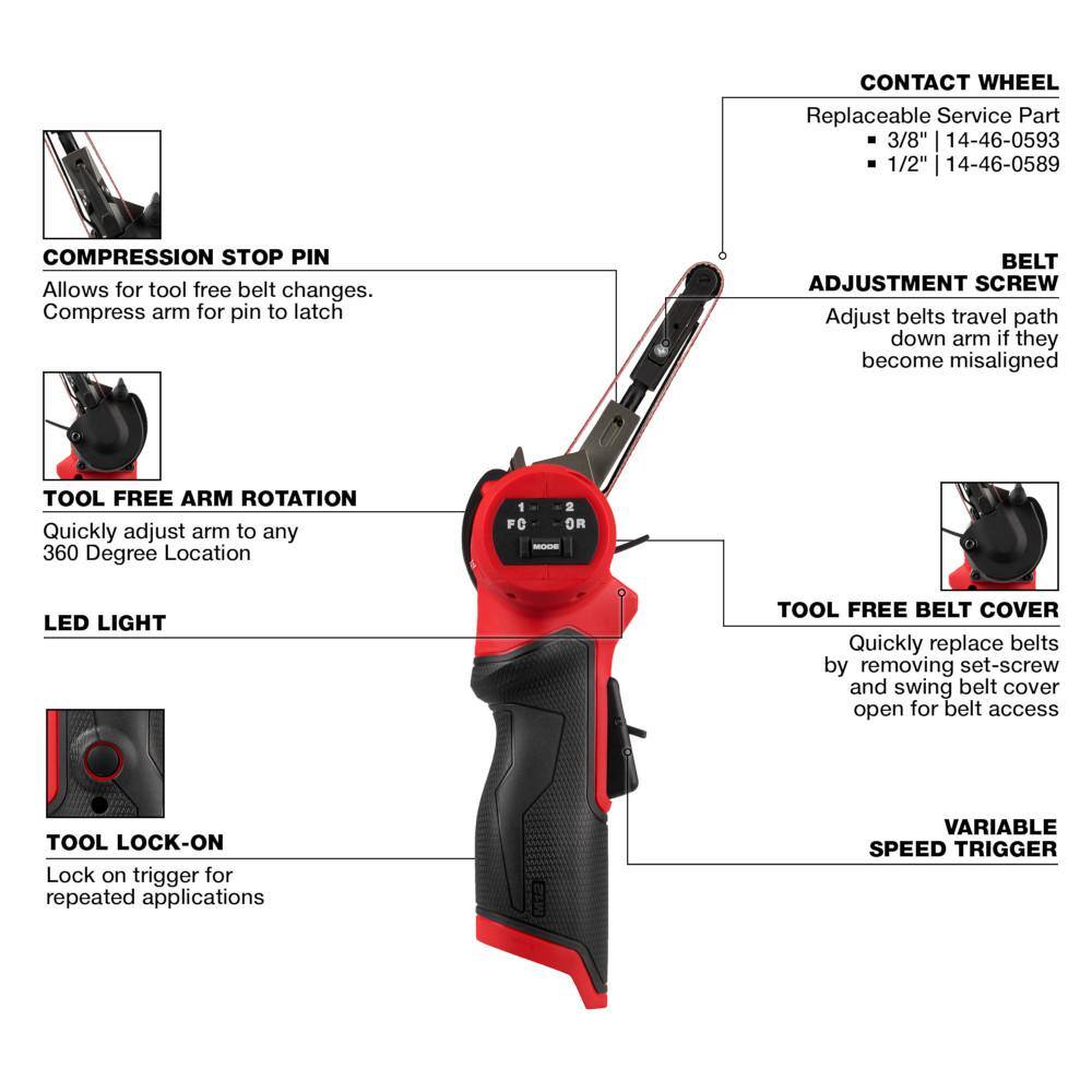 MW M12 FUEL 12V Lithium-Ion Brushless Cordless 38 in. x 13 in. Bandfile and M12 FUEL 14 in. Straight Die Grinder 2483-20-2486-20