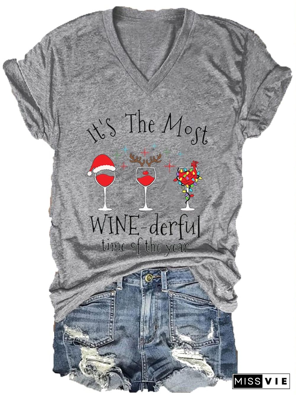 Women's Christmas It's The Most Wine-derful Time of The Year printed V-neck T-shirt