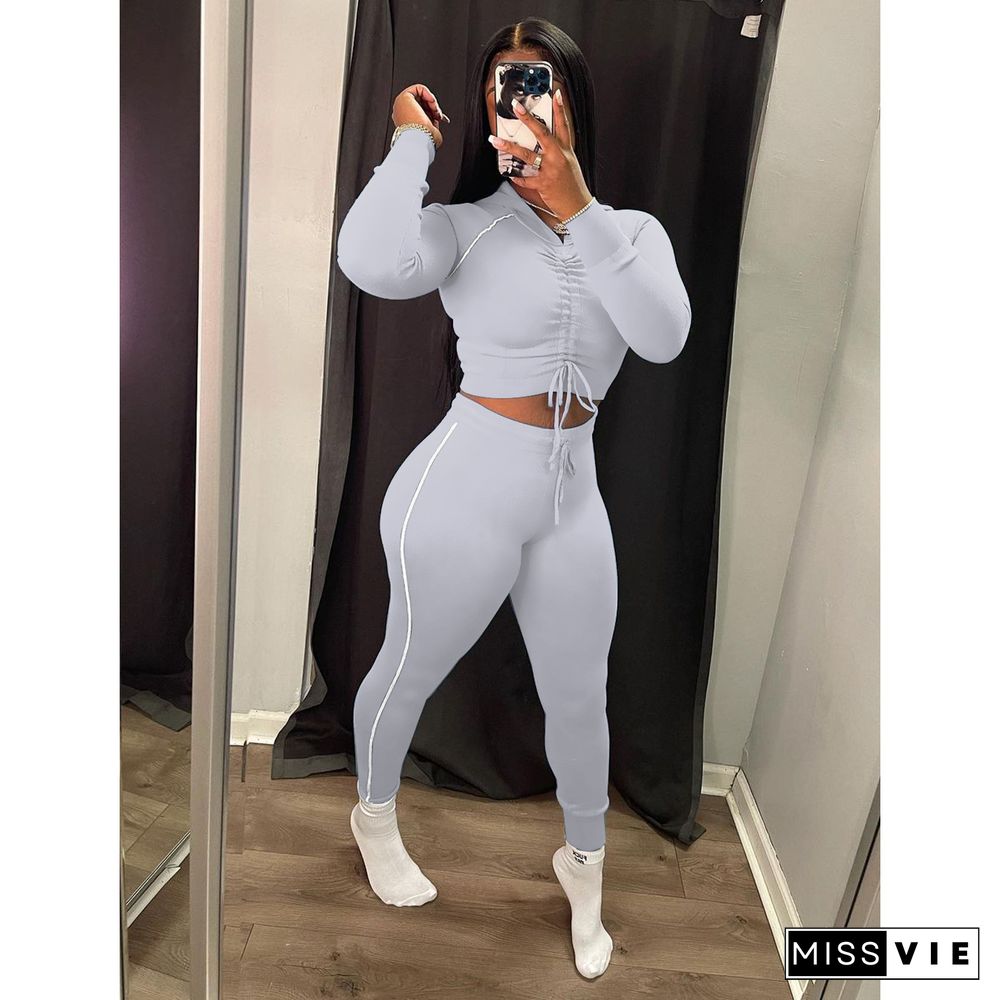 Hooded Neck Drawstring Crop Tops Joggers Pants Sets