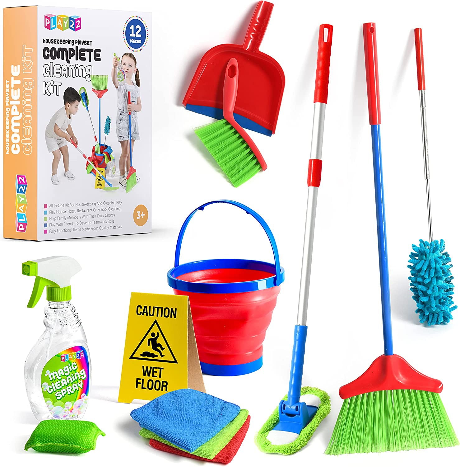 Kids Cleaning Set 12 Piece - Toy Cleaning Set Includes Broom， Mop， Brush， Dust Pan， Duster， Sponge， Clothes， Spray， Bucket， Caution Sign， - Toy Kitchen Toddler Cleaning Set - Play22USA