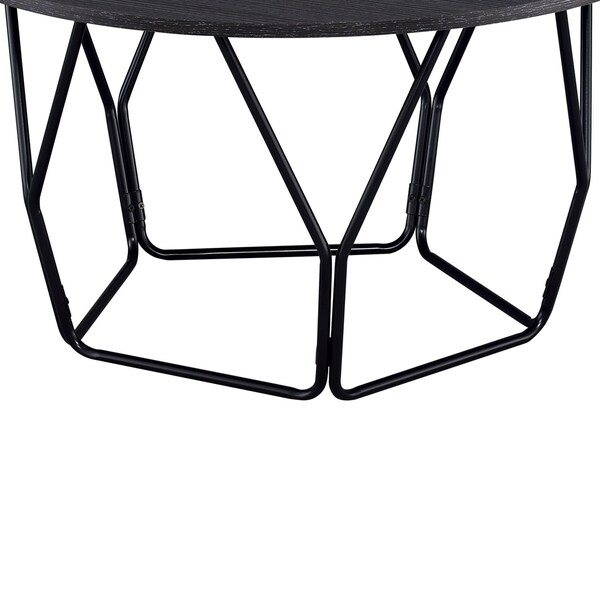 Industrial Round Top Wooden Coffee Table with Geometric Base， Black