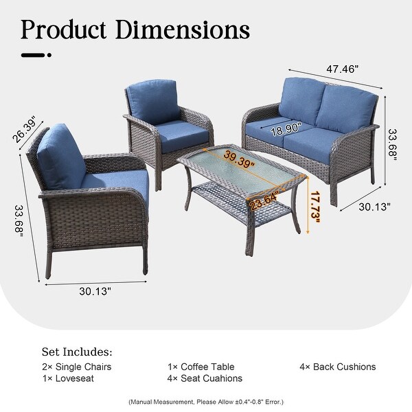 HOOOWOOO Outdoor 4piece Wicker Conversation Sofa Set with Glass Coffee Table