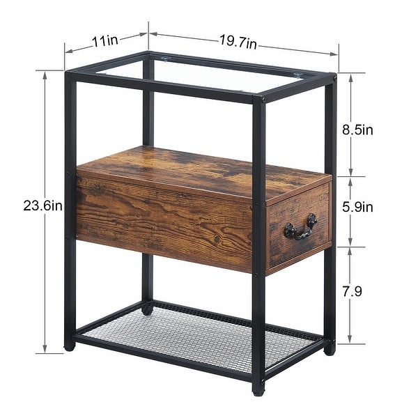 Modern Narrow Tempered Glass End Side Table/Tall Nightstand with Drawer and Shelf