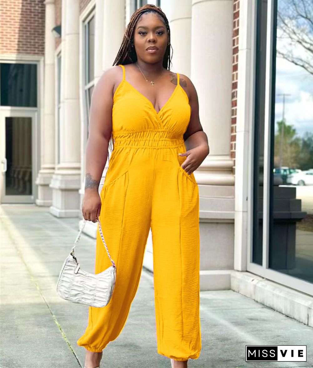 5XL Plus Size V Neck Spaghetti Strap Loose Jumpsuits