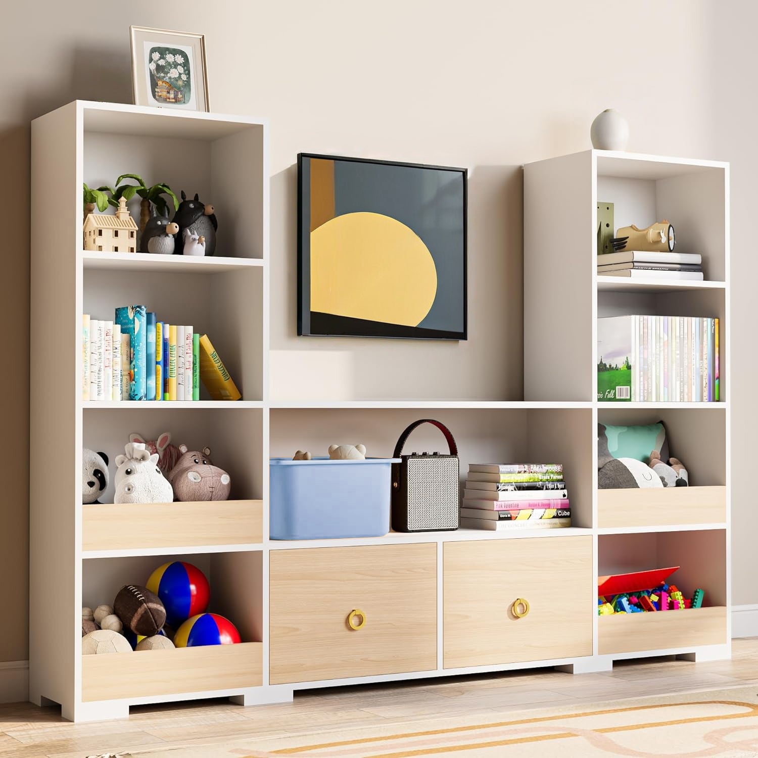 Combination Bookshelf U-Shaped Storage Shelf with 9 Cubes and 2 Drawers