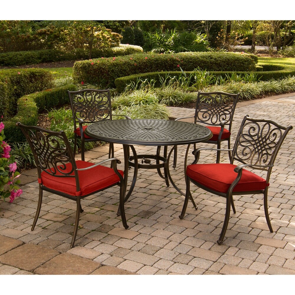 Hanover Traditions 5 Piece Dining Set in Red with 48 In. Cast top Table and Four Dining Chairs