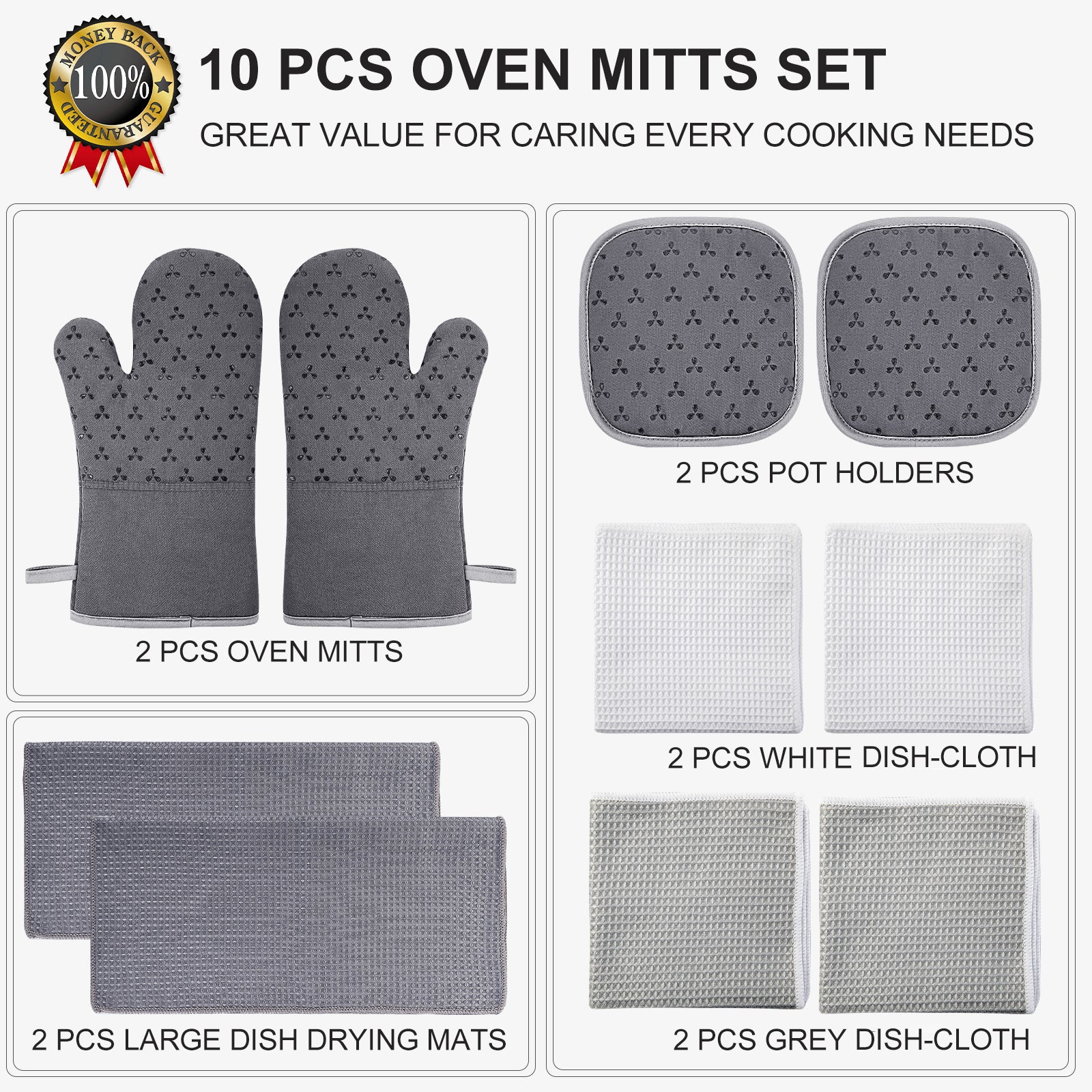 LOAOL 10 Pieces Oven Mitts Sets and Pot Holders Towel Set， Heat-Resistant Kitchen Oven Gloves， Grey