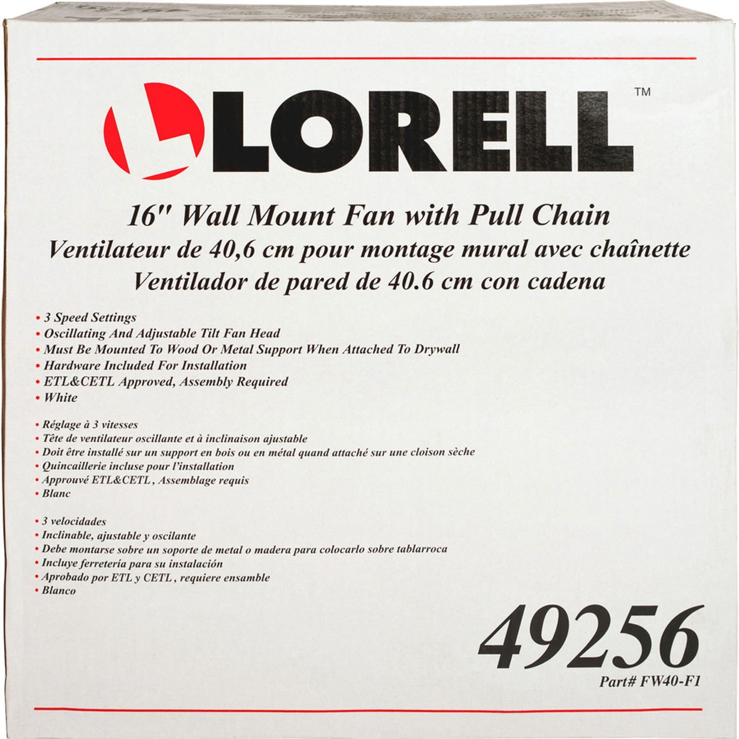 Pull-chain Wall Mounting 3-speed Fan by Lorell LLR49256