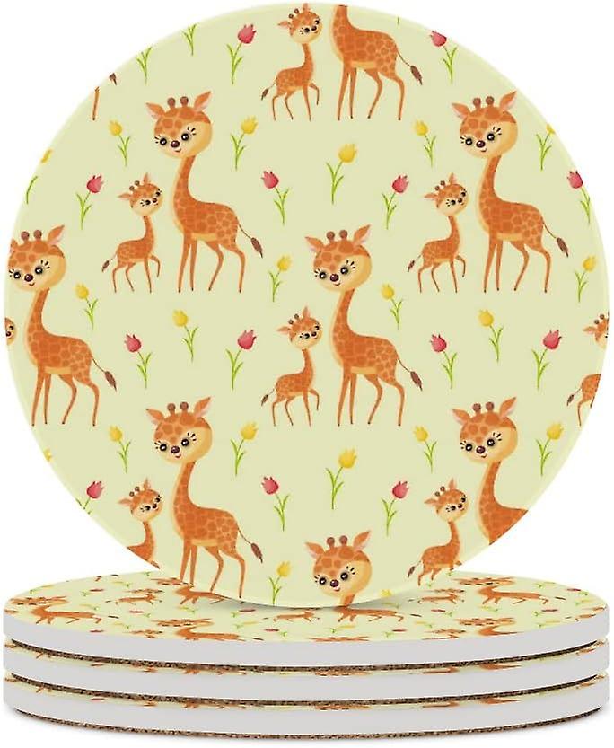 1pc Round Giraffe Family Ceramic Coasters With Cork-backed For Coffee Drink Cup Mat Absorbent Stone Coasters