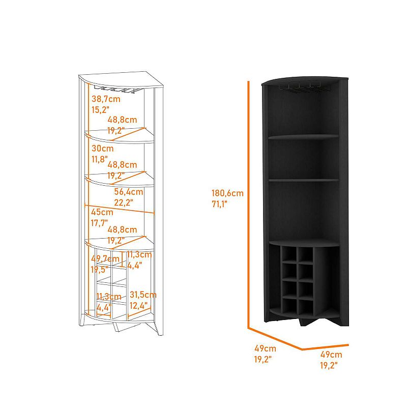 Bouvet Corner Bar Cabinet， Three Shelves， Eight Built-in Wine Rack， Two Side Shelves