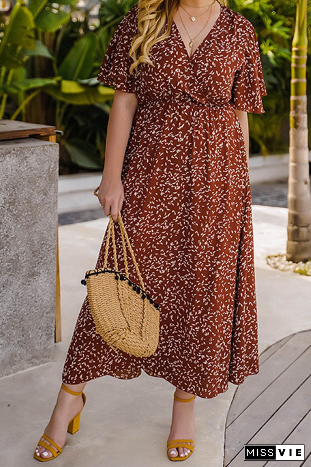 Wrap V Neck Floral Plus Size Maxi Dress