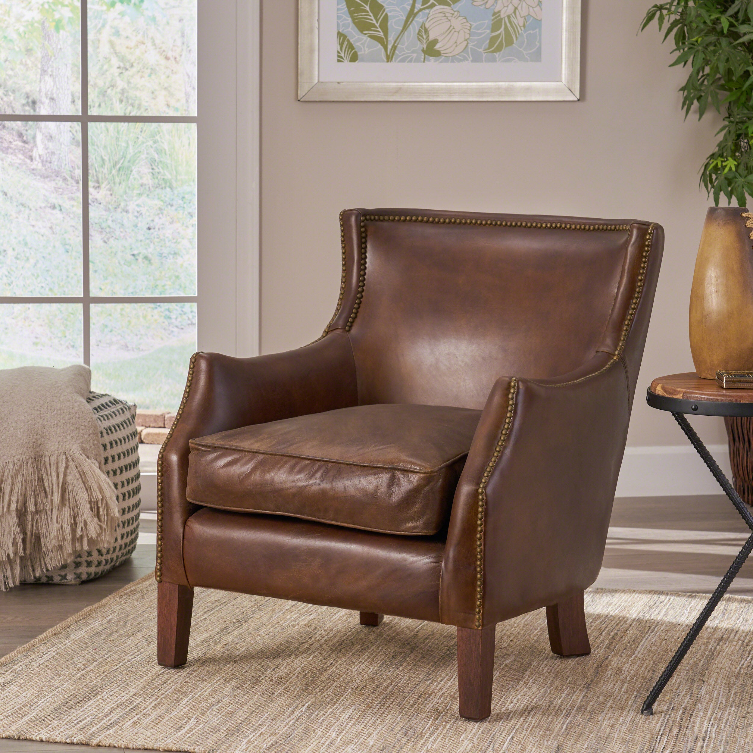 Napier Brown Top Grain Leather Upholstered Club Chair with Nailhead Trim