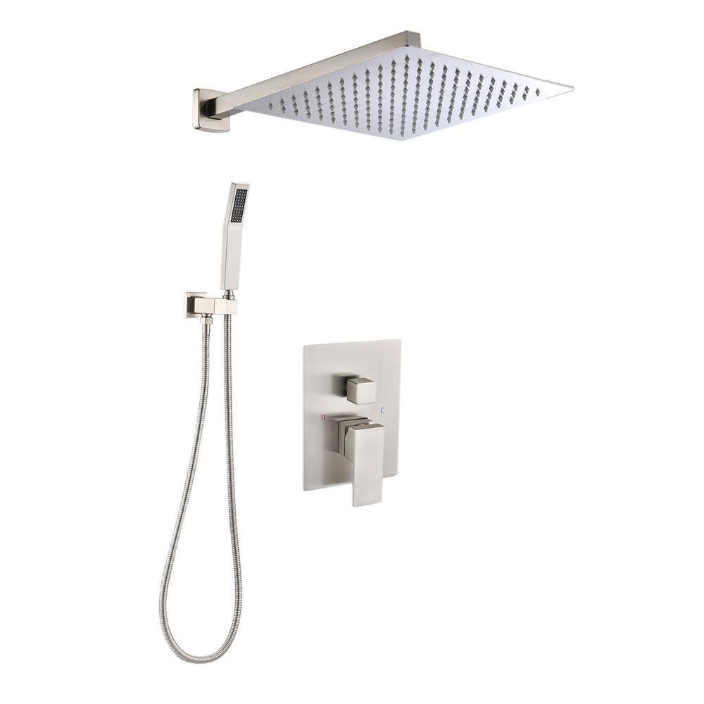 Satico Rainfall 1-Spray Square 12 in. Shower System Shower Head with Handheld in Brushed Nickel SN213006