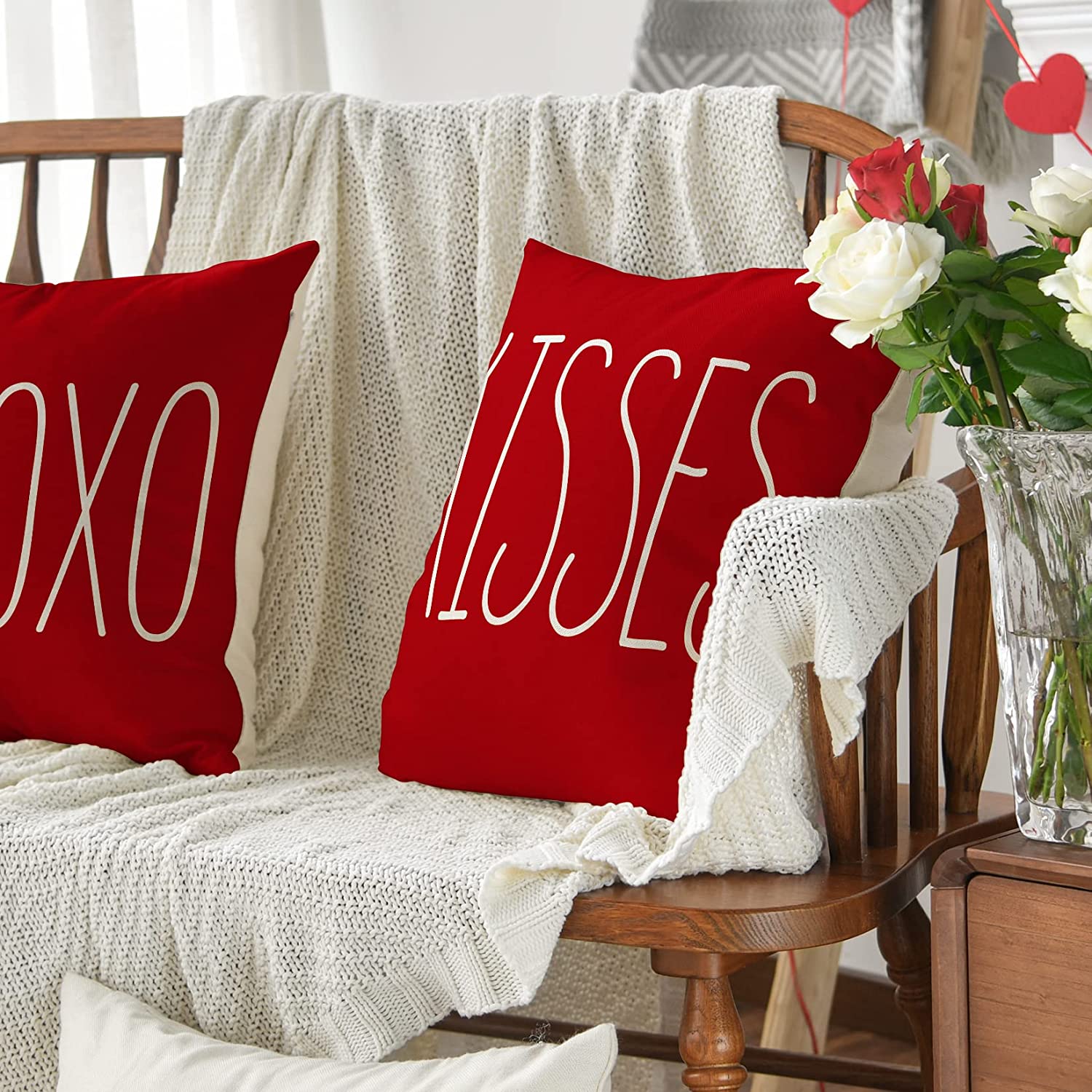 Artoid Mode Love Heart Kisses Hugs XOXO Valentine's Day Throw Pillow Cover 18 x 18 Set of 4 Decorative Farmhouse Outdoor Pillow Case Red Off White