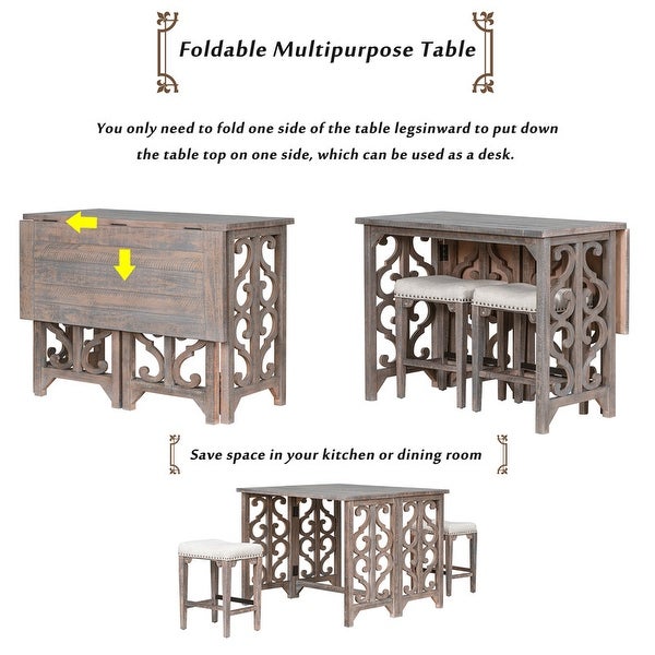 Design 3-piece Vintage Restaurant set Solid wood counter height Bar set foldable dining table with 2 saddle stools