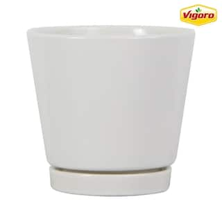 Vigoro 4.4 in. Piedmont Small White Ceramic Planter (4.4 in. D x 4.2 in. H) with Drainage Hole and Attached Saucer CR01721S-04W