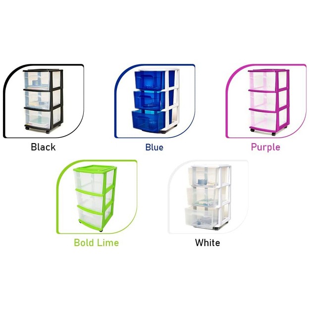 Homz Clear Plastic 3 Drawer Medium Home Organization Storage Container Tower With 3 Large Drawers And Removeable Caster Wheels Purple Frame 2 Pack