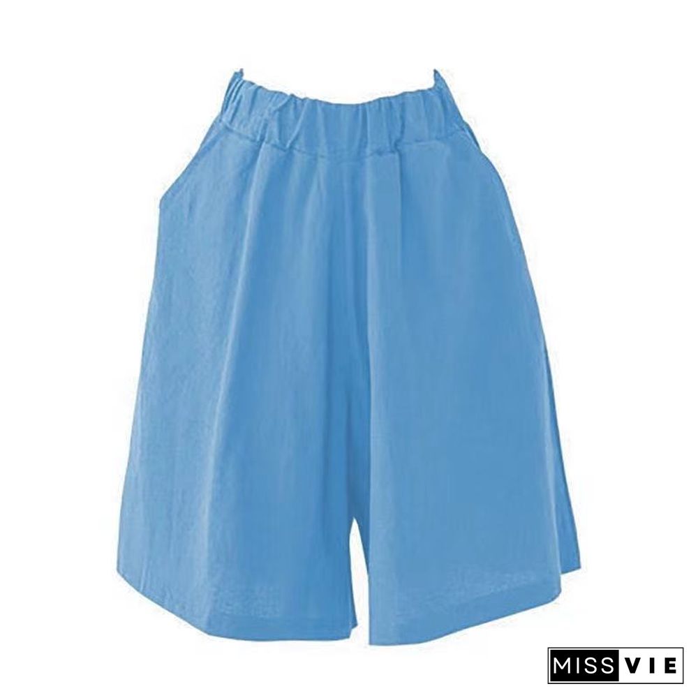 Women'S Clothing Summer Cotton And Linen Casual Shorts Plus Large Large Size Elastic Waist Five-Point Wide-Leg Pants