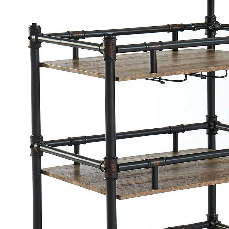 Rustic Three Tier Wood and Metal Serving Cart， Black and Brown