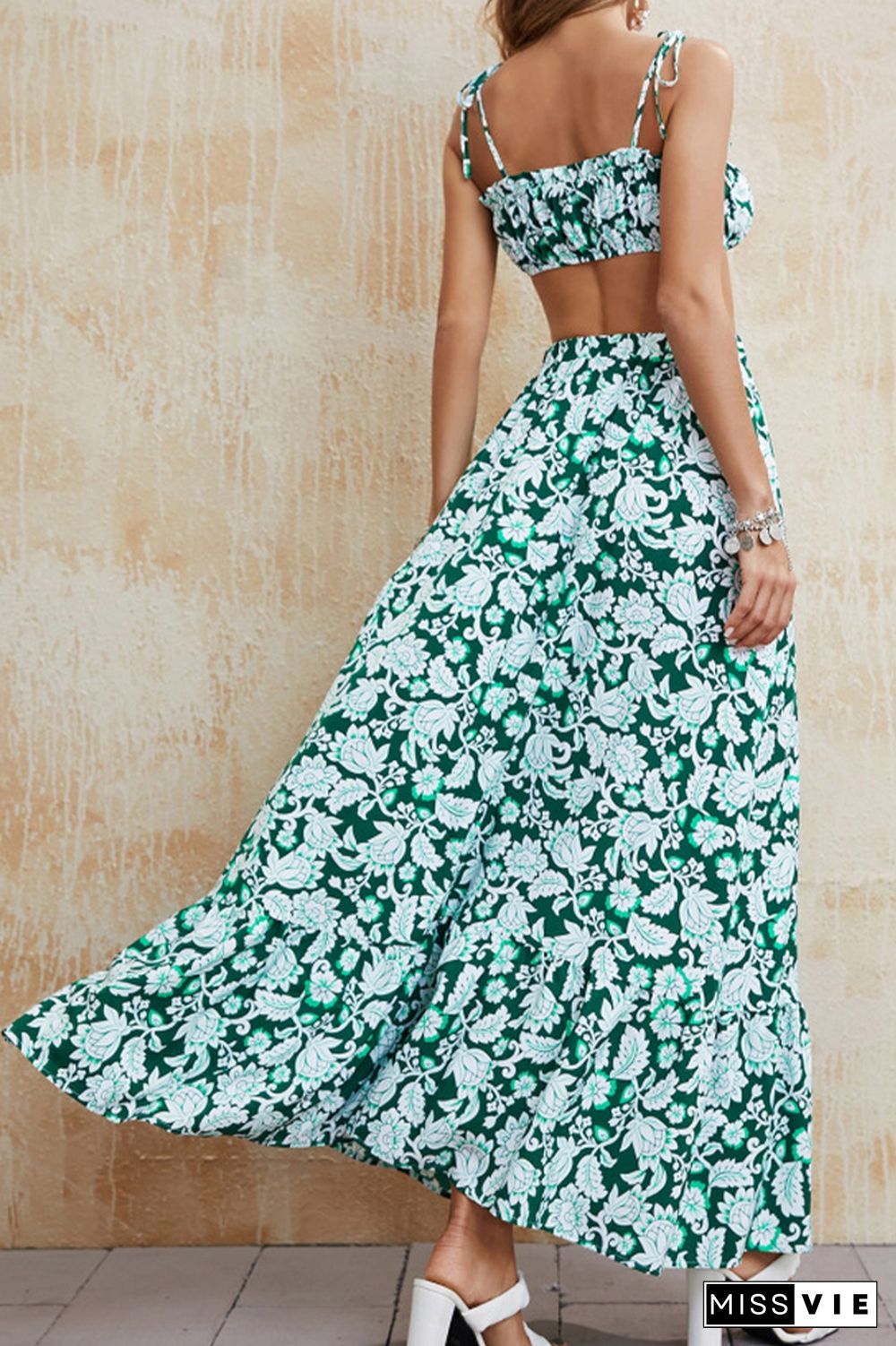 Flower Print Spaghetti Tube Top and Skirt 2PCS Set