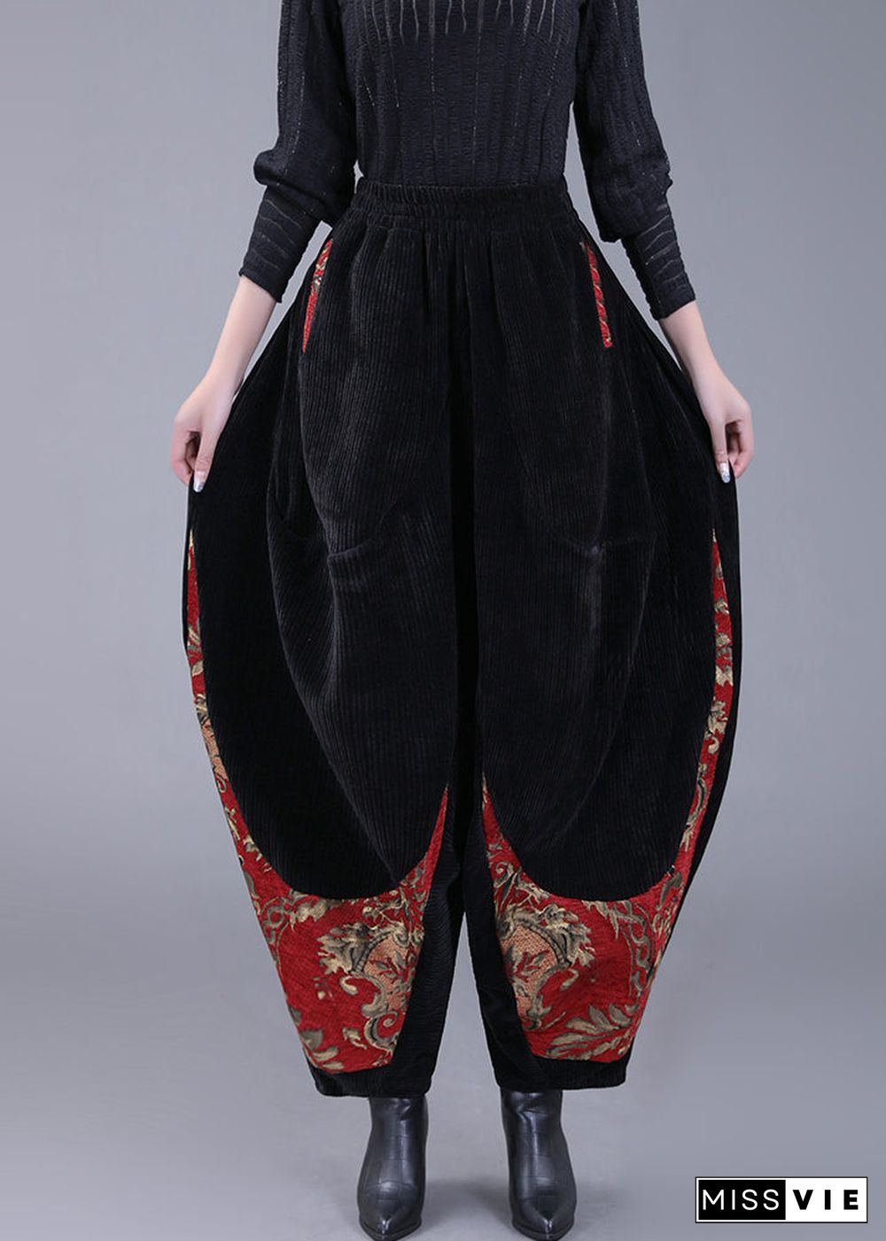 Plus Size Black Pockets Embroideried Corduroy Lantern Pants Fall