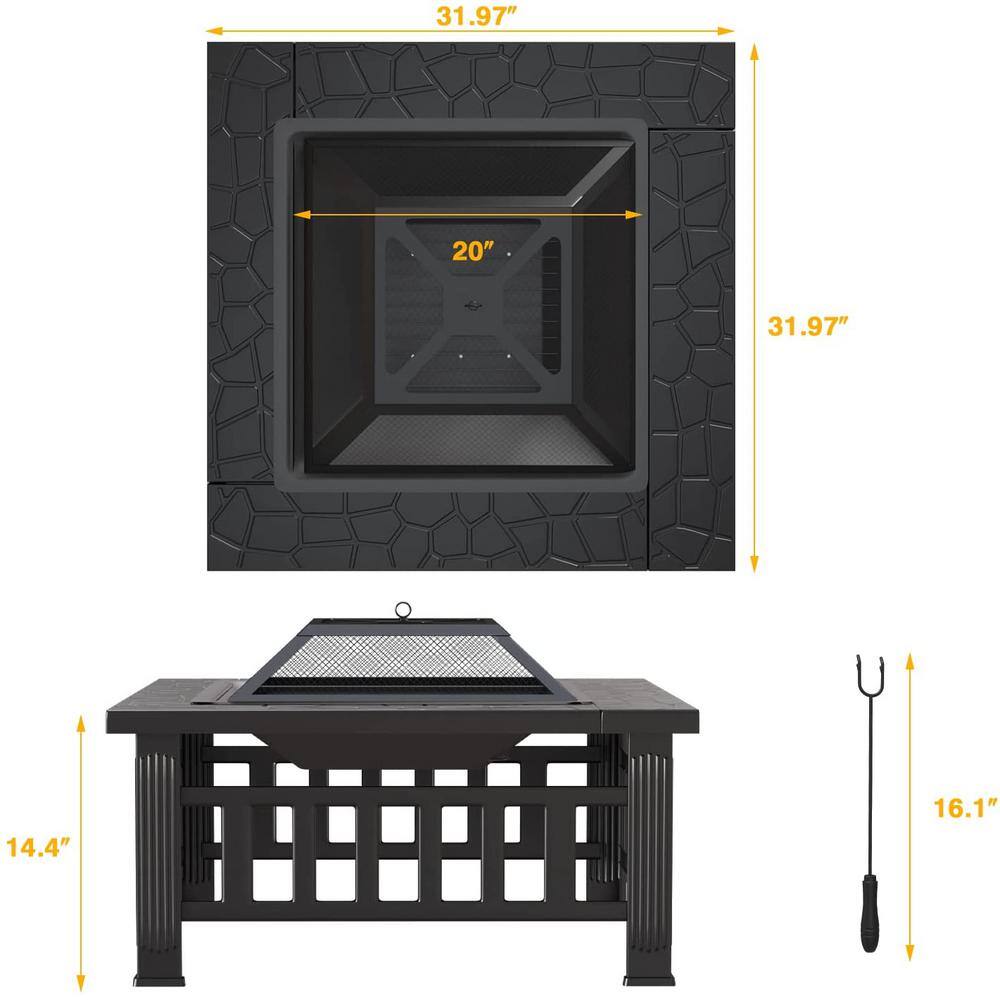 Tozey 32 in. Outdoor Steel Square Fire Pits Patio Multi-Functional Firepit Table with Waterproof Cover for Outside Heating T-FP21SQ320