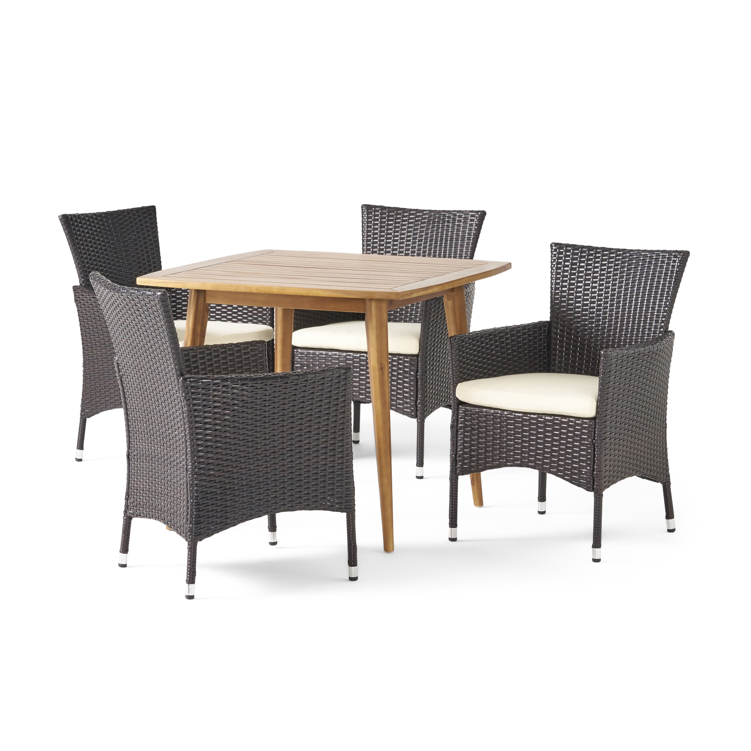 Knox Outdoor 5 Piece Wood and Wicker Dining Set, Teak and Multi Brown